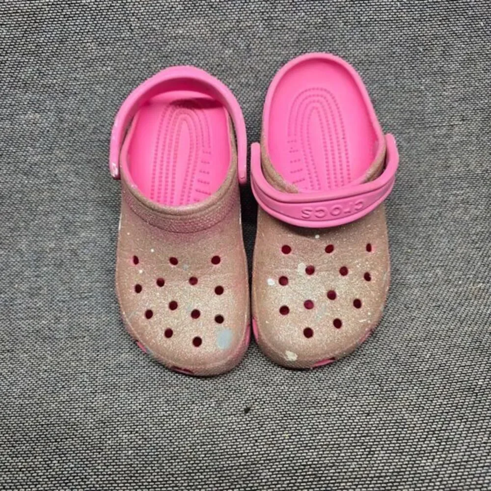 Crocs Kids Classic Clogs Pink Glitter Sparkle Paint Splatter size 4